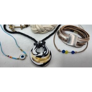 Handmade Nautical Jewelry Set 6pc Glass Pendant Anchor Leather Rope BOHO Mixed